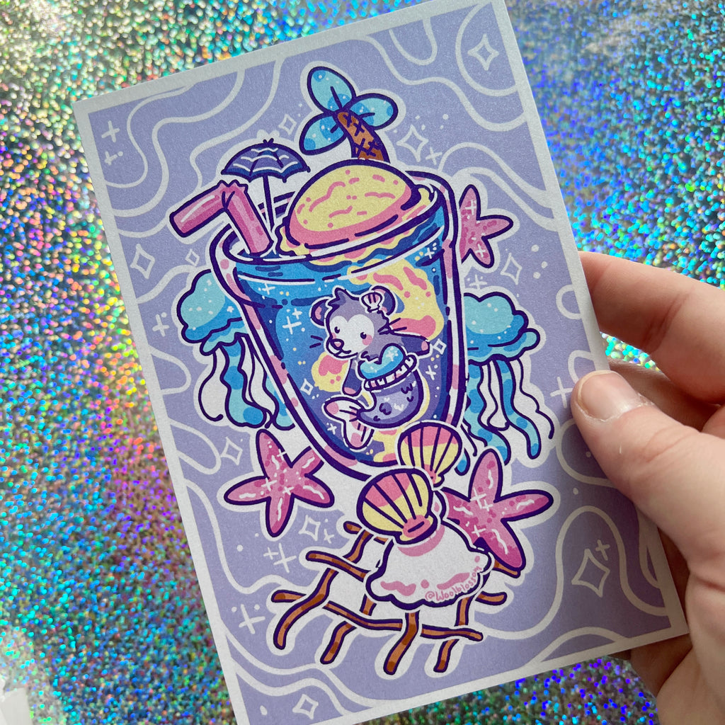 a print of a a mermaid opossum enjoying a swim in her favorite summer themed drink