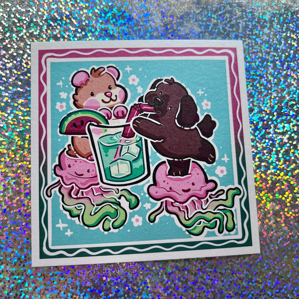 A print of a hamster and puppy drinking out of a glass on top of two jelly fish