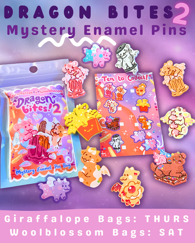 Promotional image of 'Dragon Bites 2' mystery enamel pins with packaging and pins displayed on a purple background.
