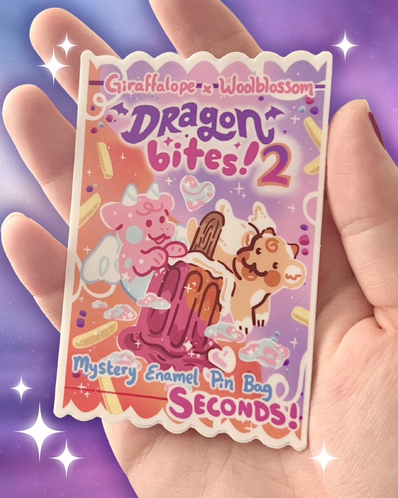 Dragon Bites! 2 seconds mystery enamel pin bag packaging held in a hand with a purple background