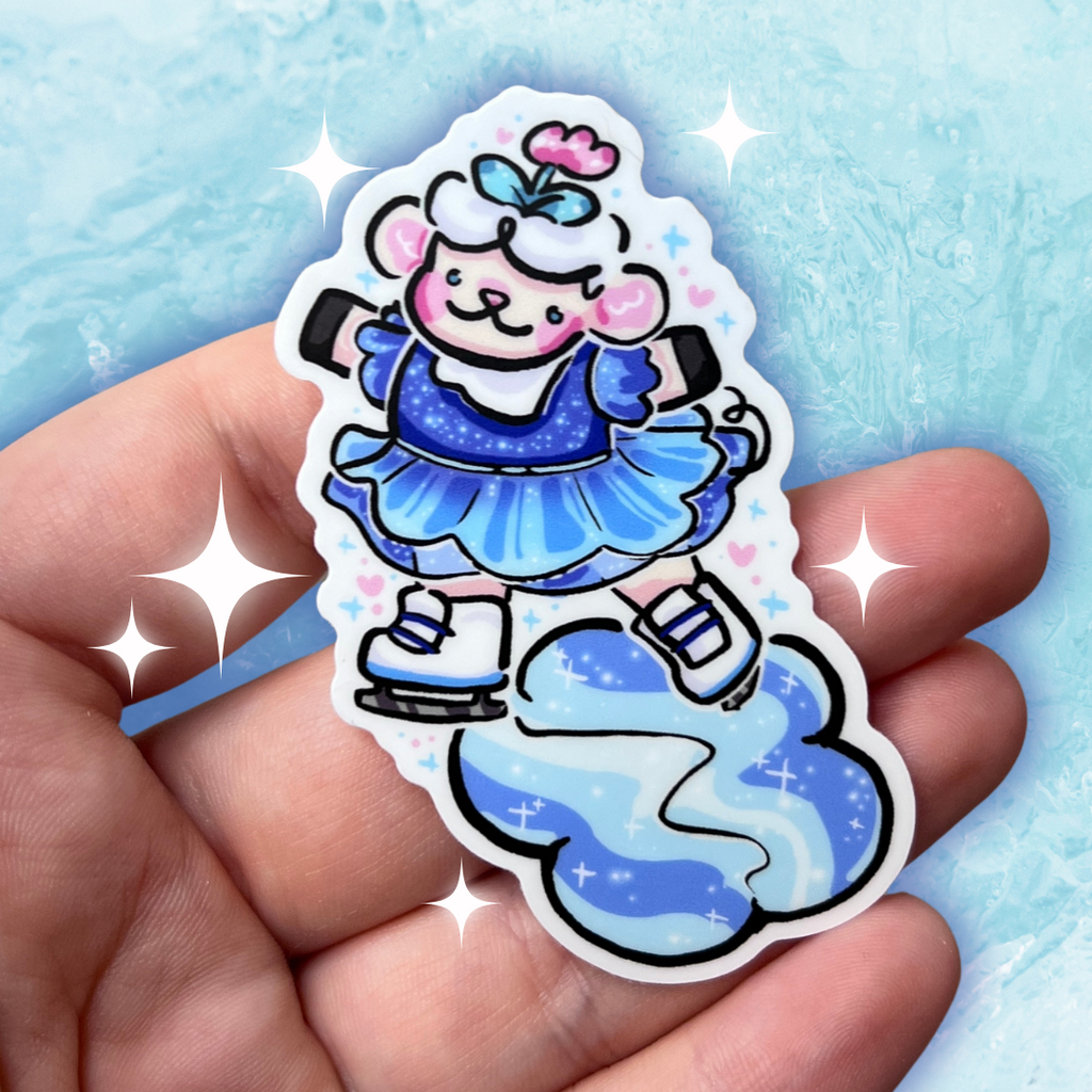 A sticker of Sprout the sheep on their hind legs skating on a flower patch of ice. They are in a blue glittery dress.