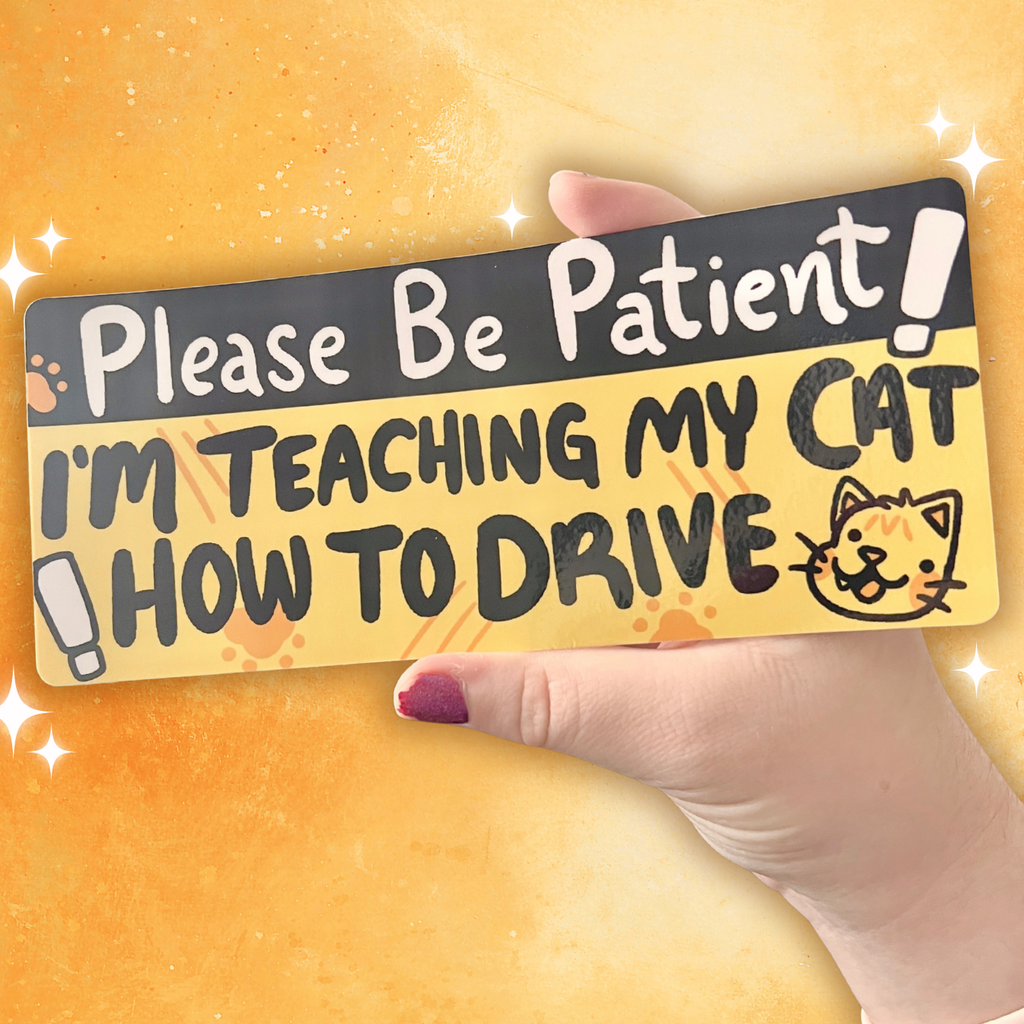 Hand holding a bumper sticker with humorous text "please be patient i'm teaching my cat to drive" on a yellow background
