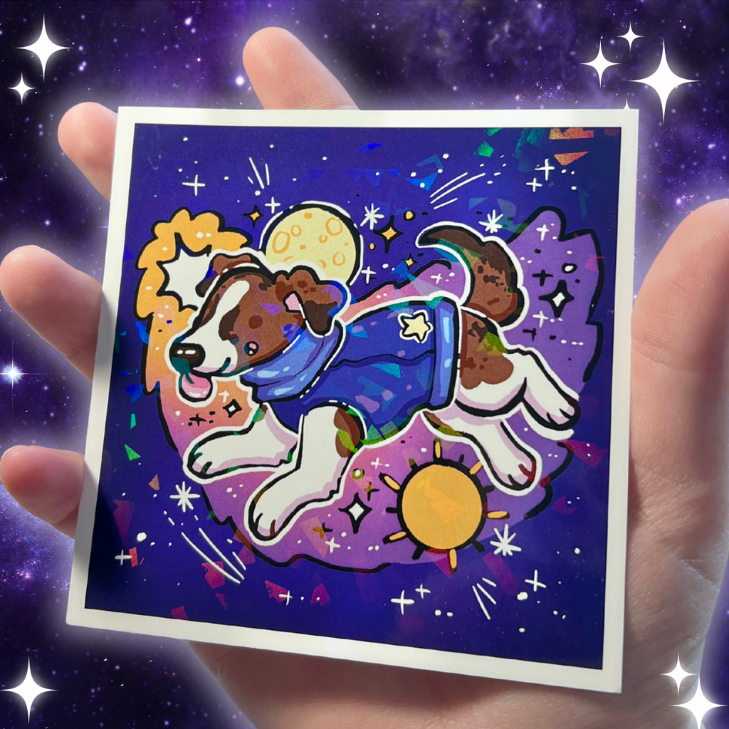 Illustration of a dog in a space-themed outfit held by a hand against a starry background