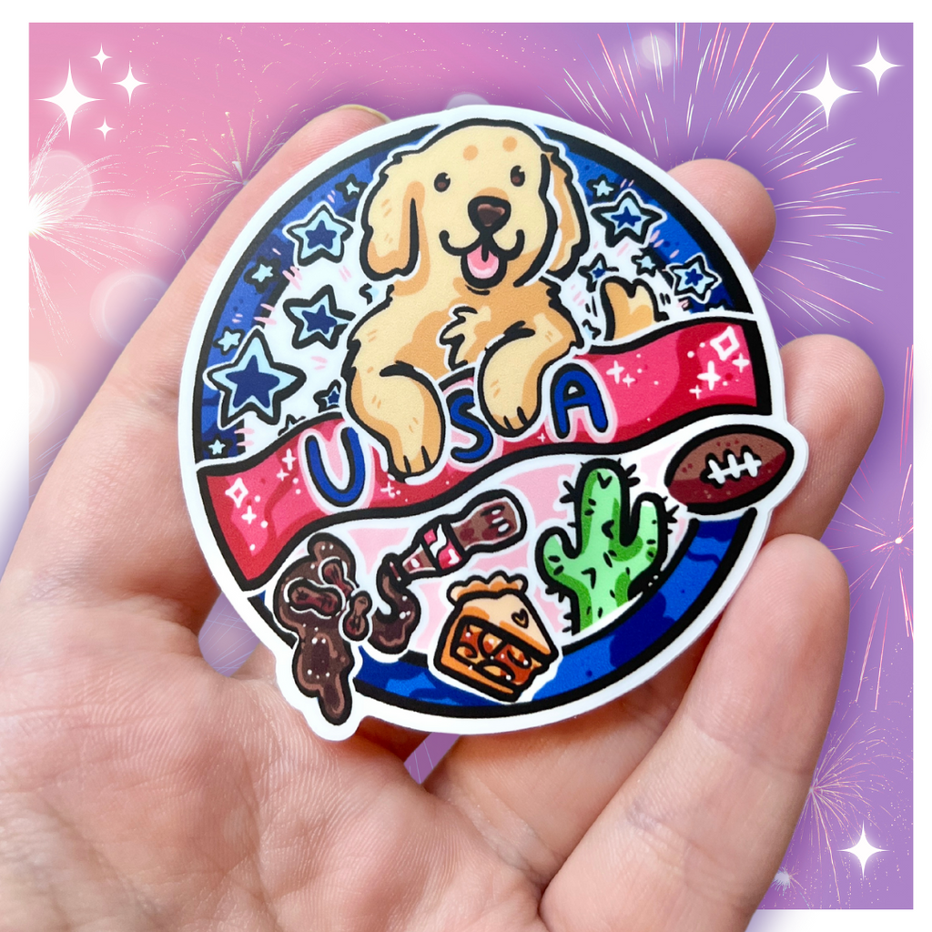 A sticker of a stamp esque circle design that says "USA" with a golden retriever inside, along with symbols like football, cactus, etc.