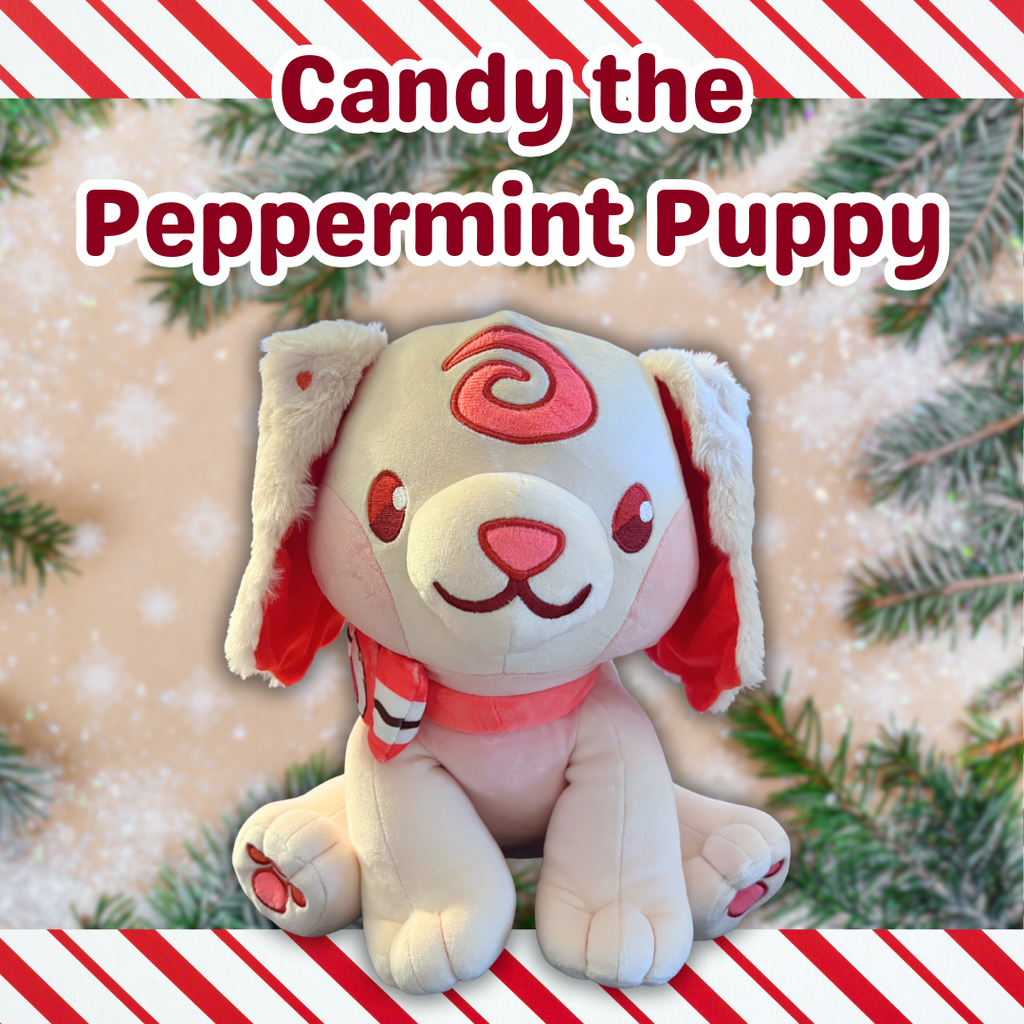 graphic showing candy the peppermint puppy who is white and red