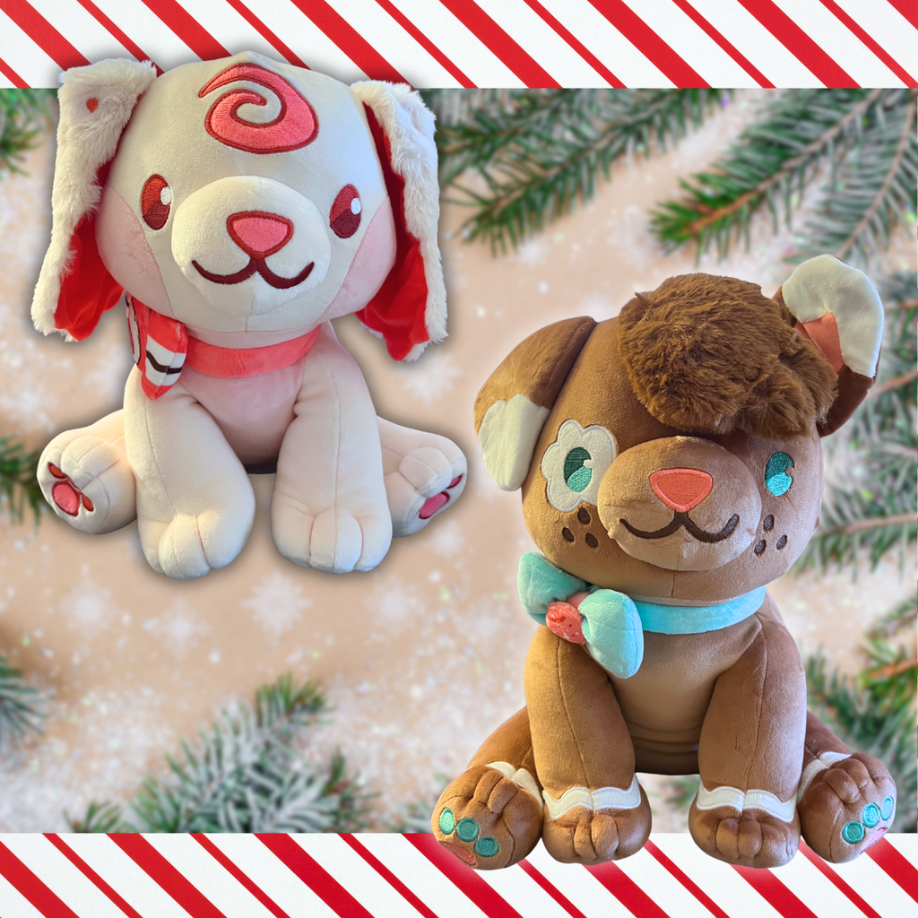graphic showing two plushies, a white peppermint and a brown gingerbread