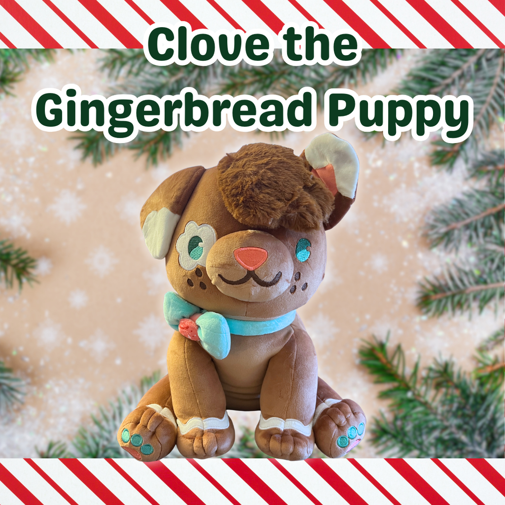 graphic showing clove the gingerbread puppy who is  brown and white