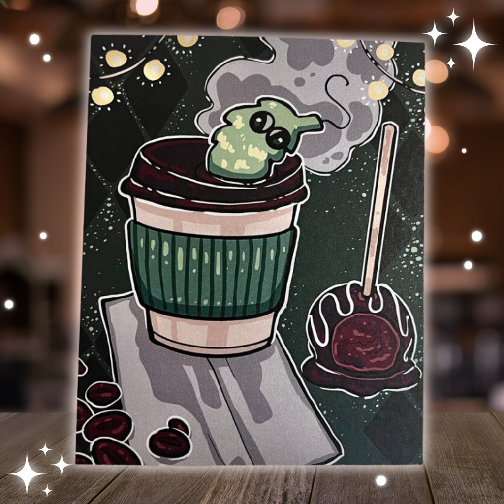 A print of a green space with a hot coffee, chocolate cake pop, coffee beans, and green fuzzy worm poking out of the drinking hole