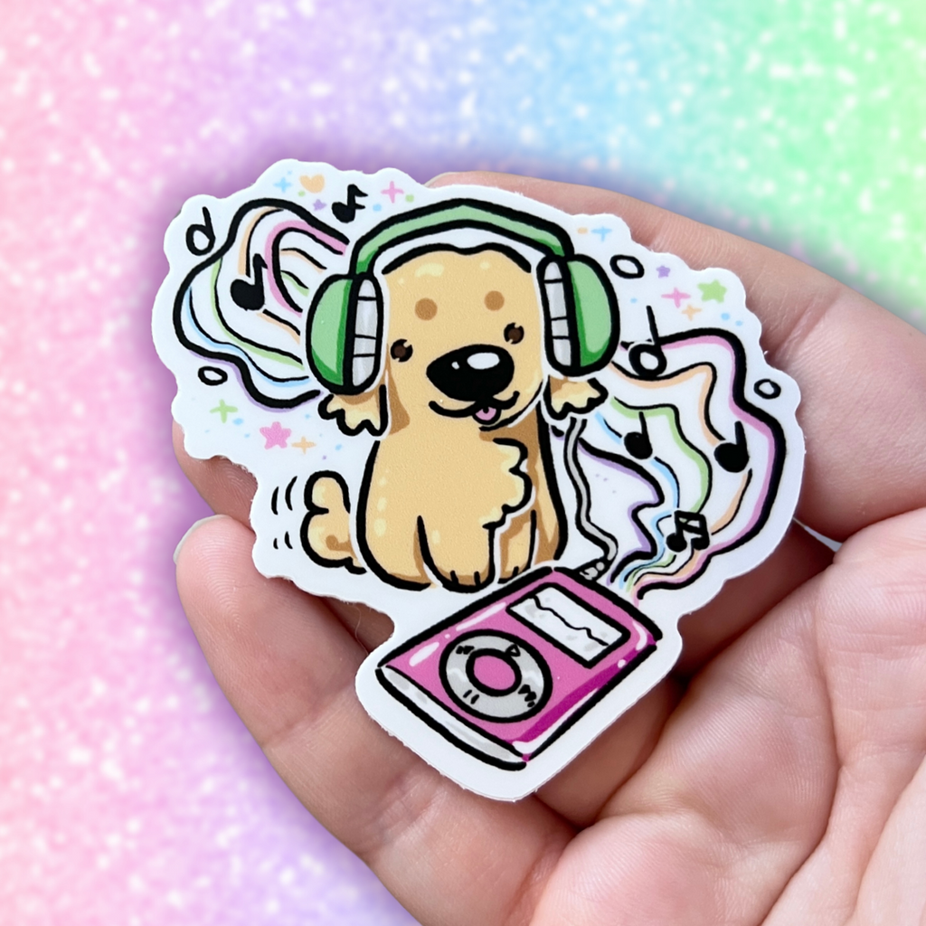 A sticker of a golden retriever with headphones on listening to a retro music player with rainbow music staff and notes