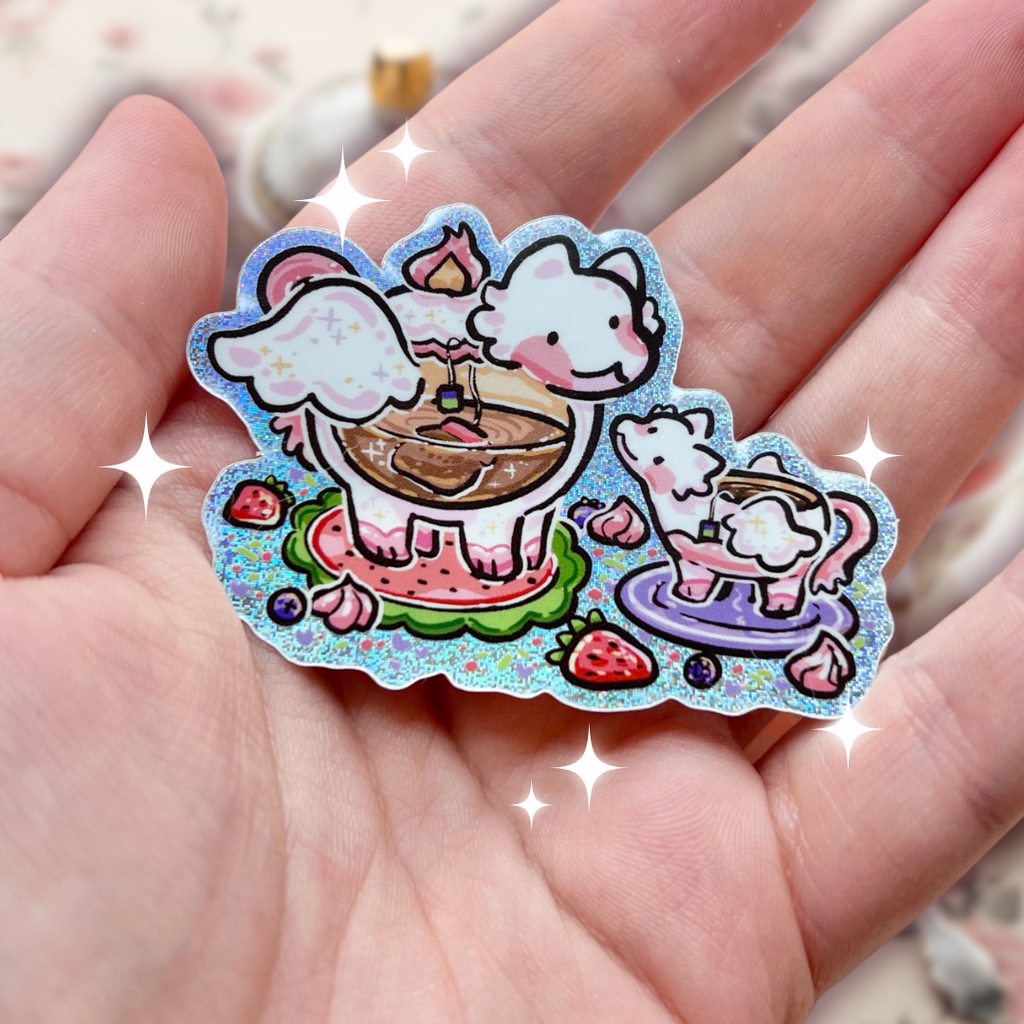 A sticker of a big parent tea pot dragon standing next to their tea cup dragon baby