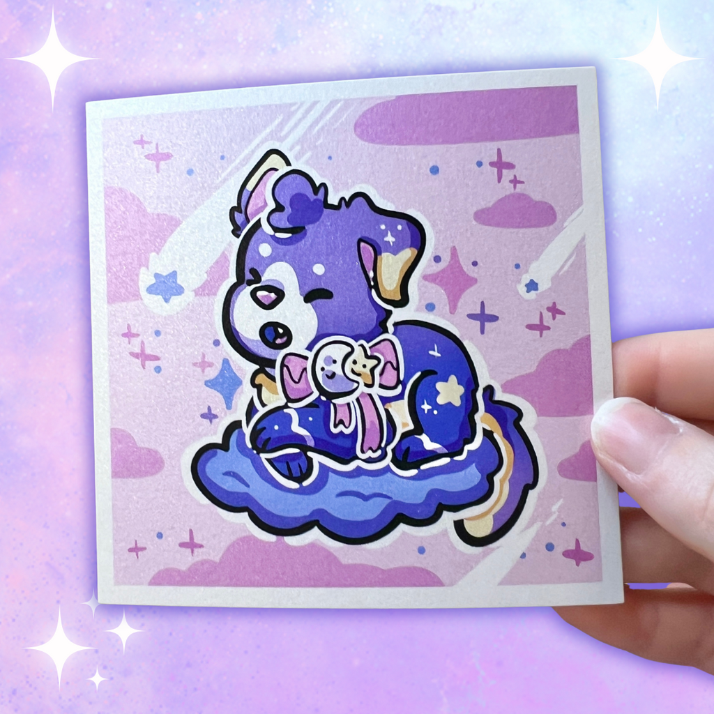 A print of a puppy with a purple gradient skin, moon/star bow, and is on a purple cloud in a purple sky