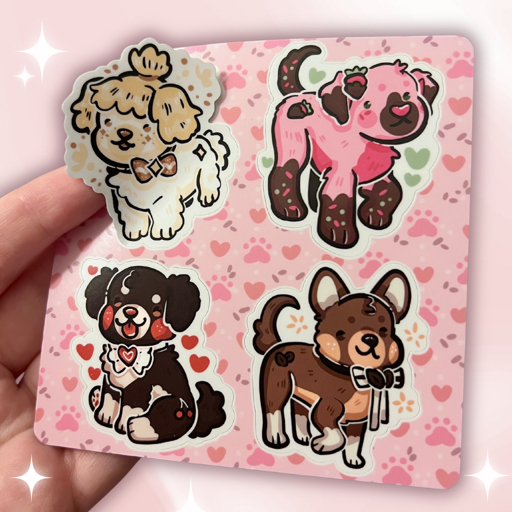 A sticker sheet featuring four puppies, all based off of different winter flavors