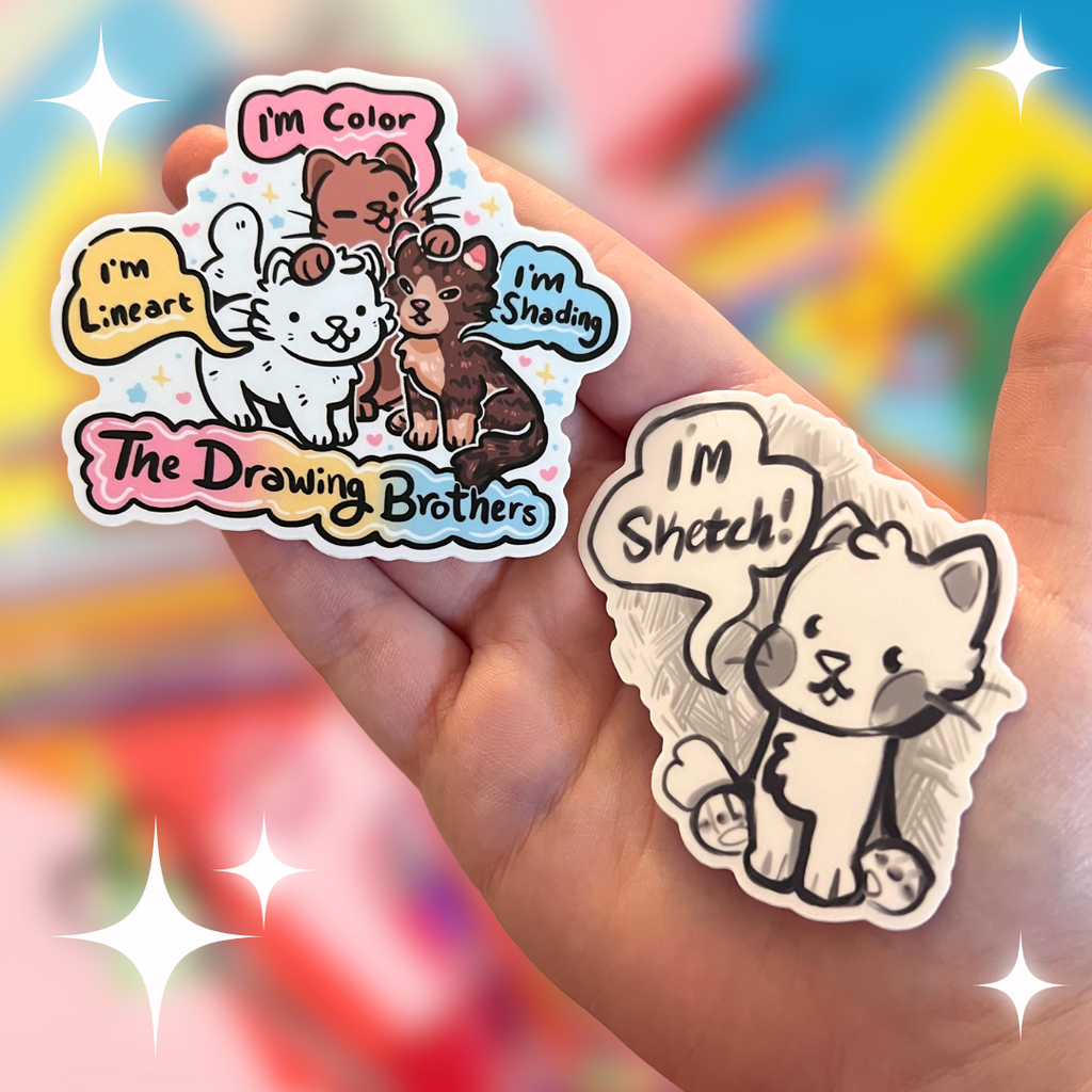 Two stickers, the first is a sticker of the drawing brothers, color, line-art, and shading who are all cats; the second is a sticker of sketch their young brother