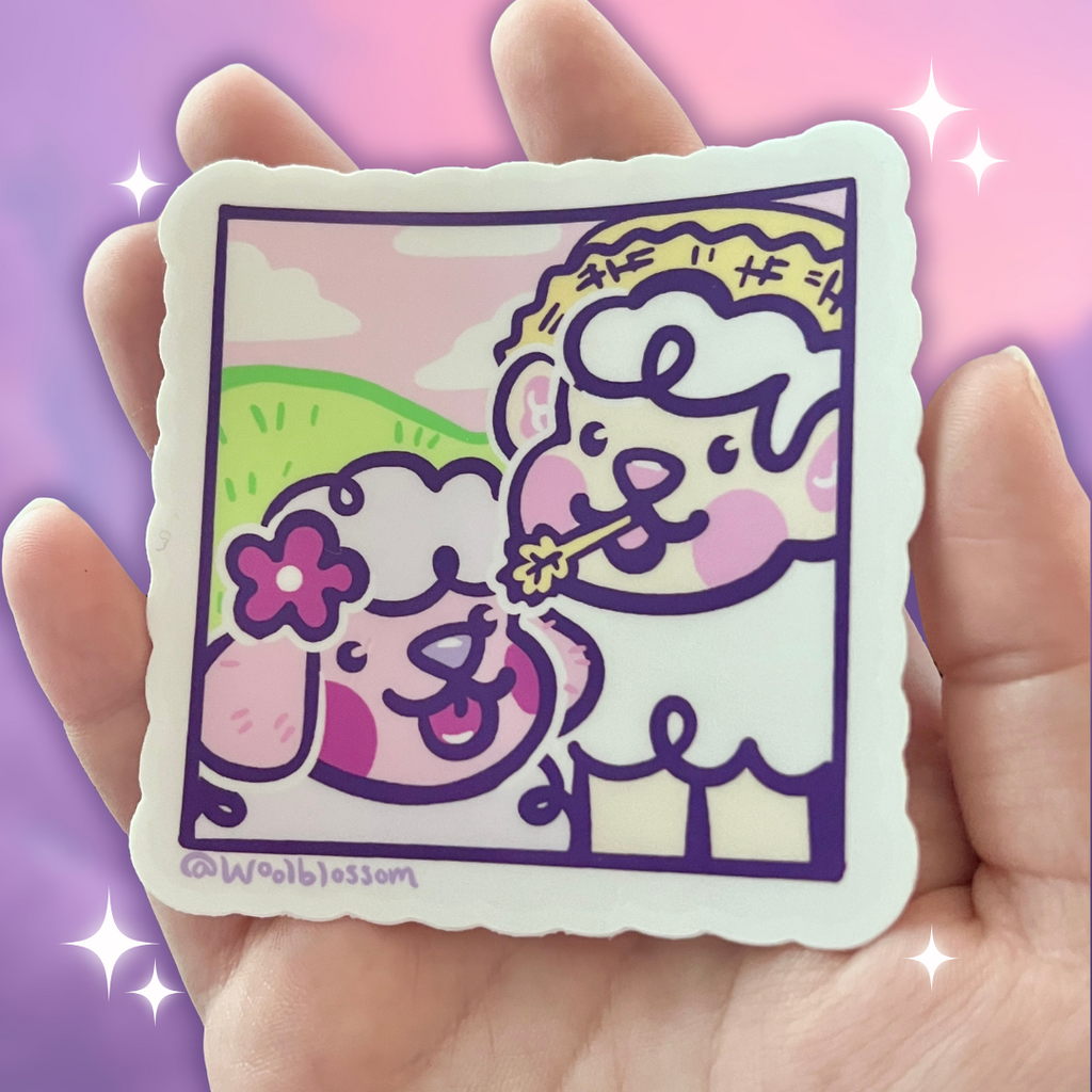 Cartoon sticker of a sheep and dog together on a farm held in a hand against a colorful background