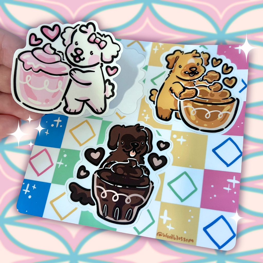 A sticker sheet of strawberry, butterscotch, and chocolate pudding puppies