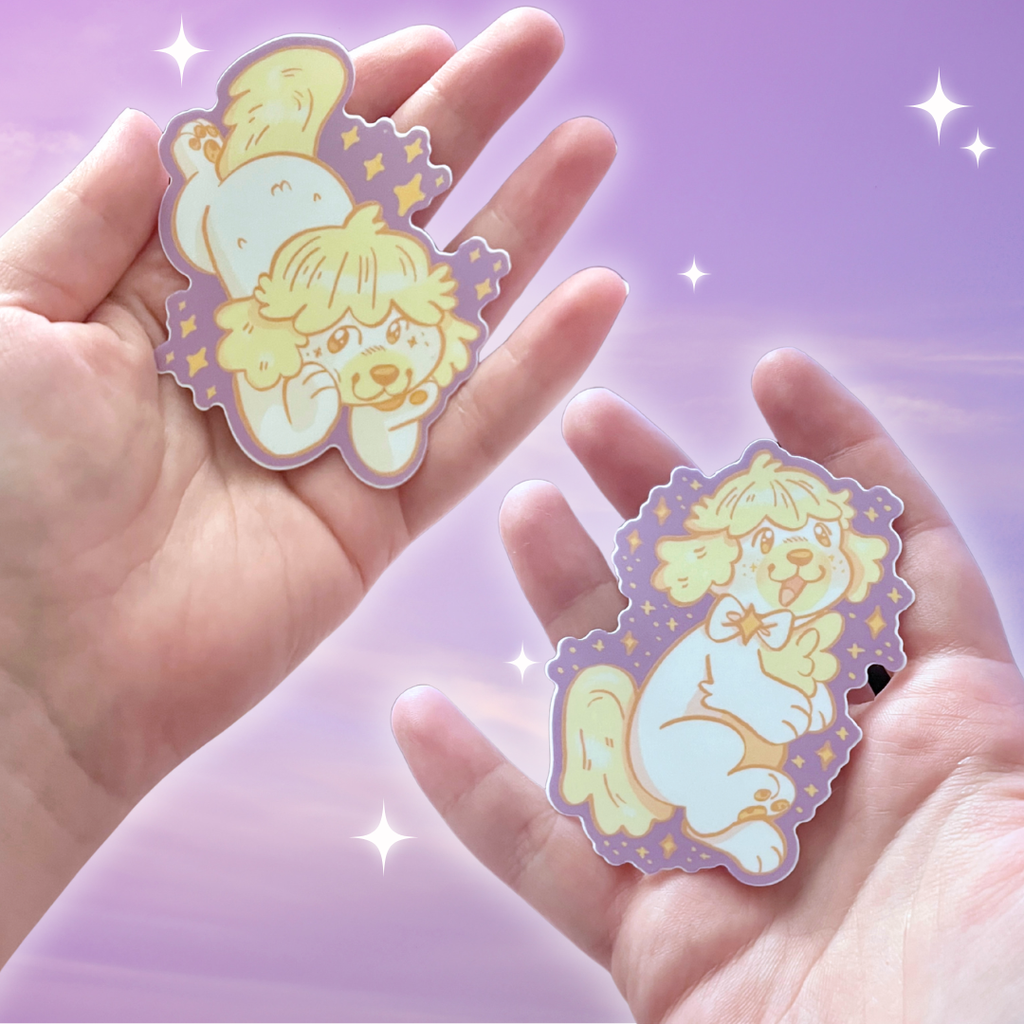 Two cute puppy character stickers held in hands against a purple background with stars.