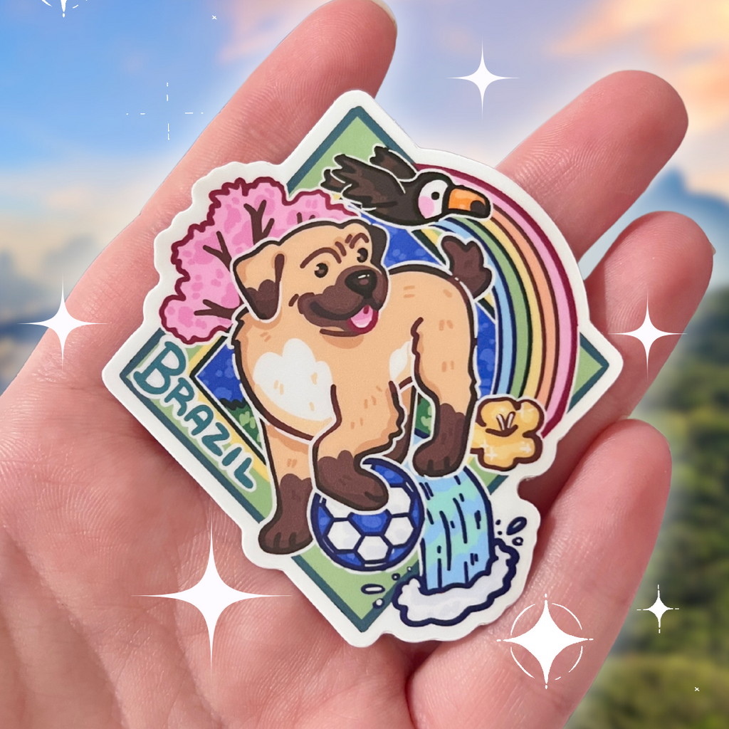 sticker of a Brazilian mutt with a soccer ball, toucan, and rainbow
