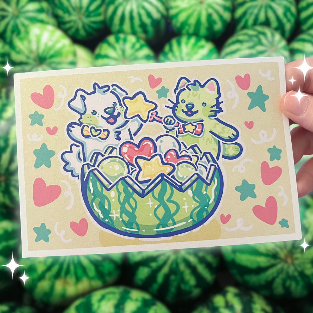 print with cartoon character cat and dog with watermelon held against a watermelon patterned background