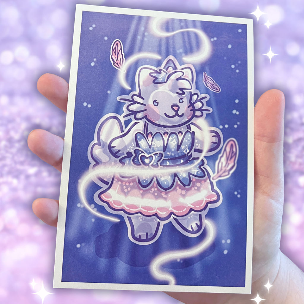 print with a cute, stylized princess cat character in a dress held against a sparkling purple background.