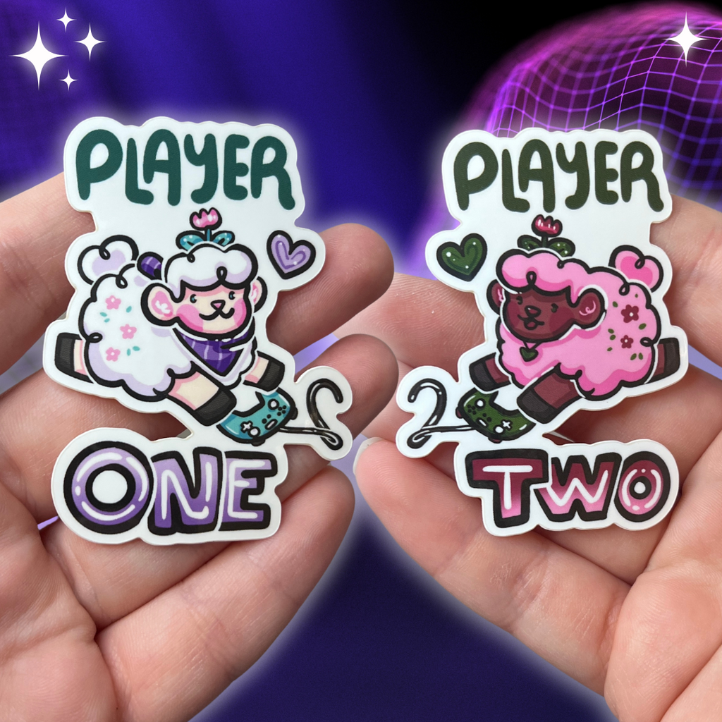 Two stickers, both are sheep with controllers facing each other. First says "player one" with Sprout the sheep, second says "player two" with Tulip the sheep. 