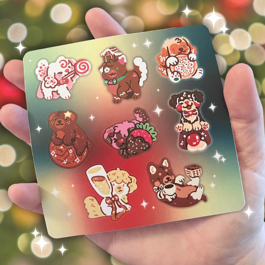 Set of winter-themed puppies on a sticker sheet held by a hand with a festive background.