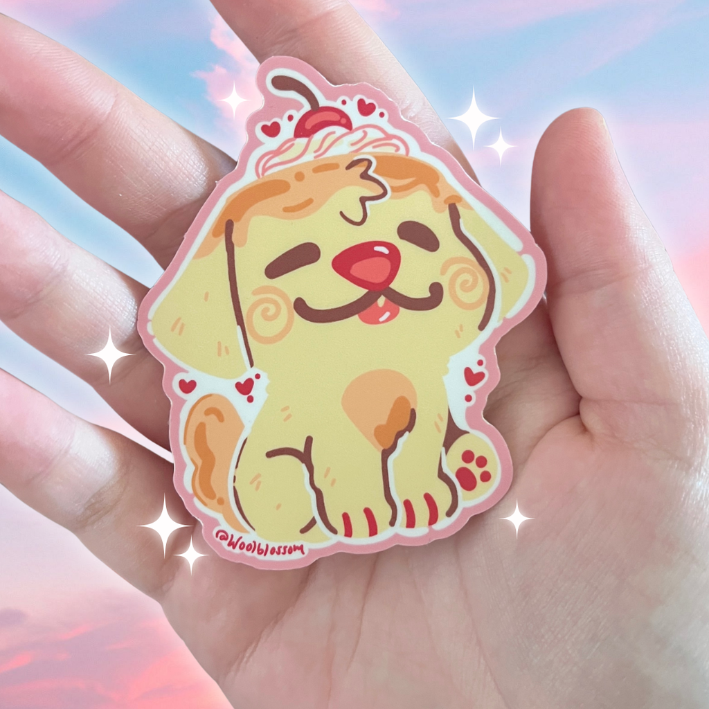 A sticker of a puppy that looks like a flan