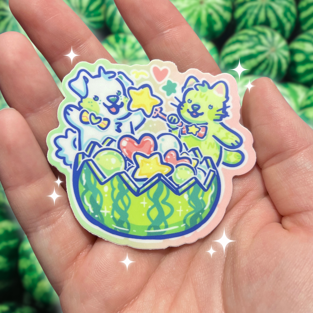 Colorful sticker of two cartoon character dog and cat eating a watermelon held in a hand with a green leafy background.