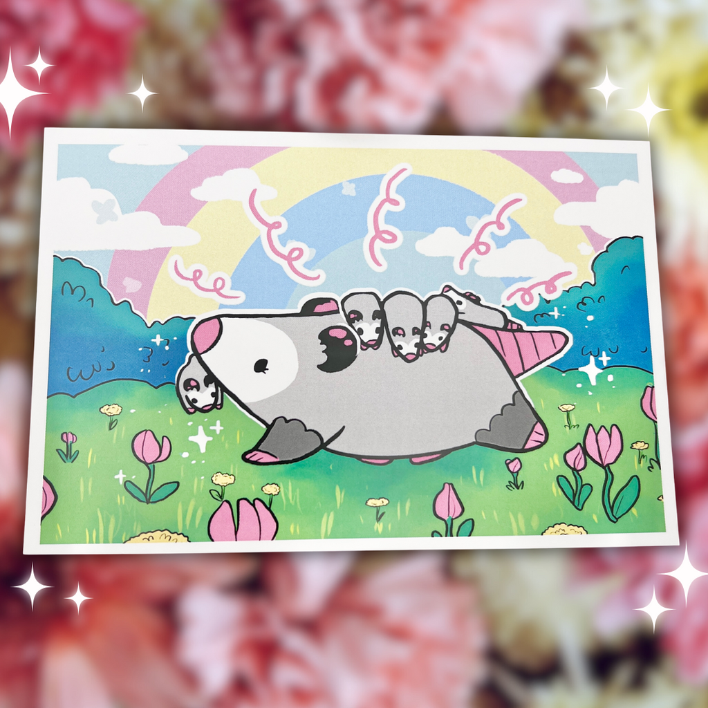 Cartoon illustration of a mother opossum with her babies in a colorful landscape with flowers and a rainbow.