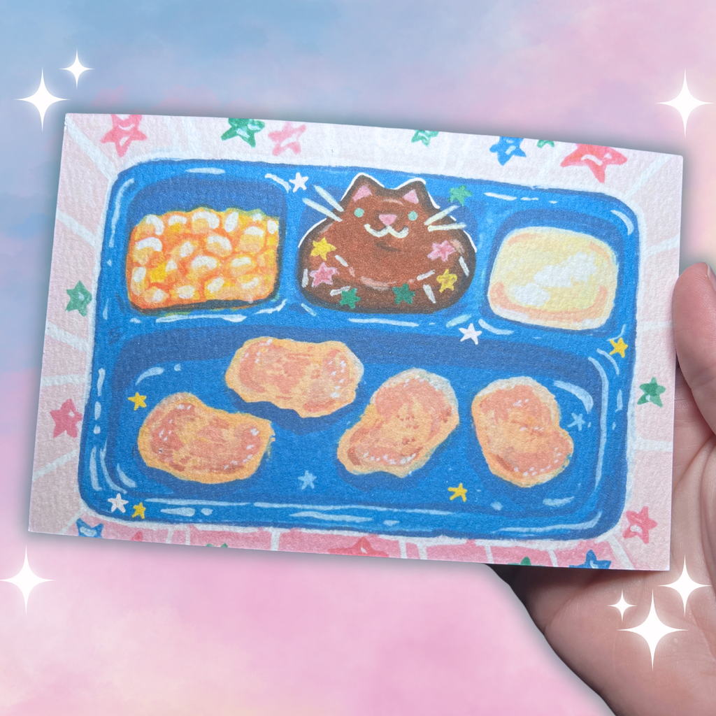 Print of a cartoon cat in a tv dinner held in a hand with a colorful background