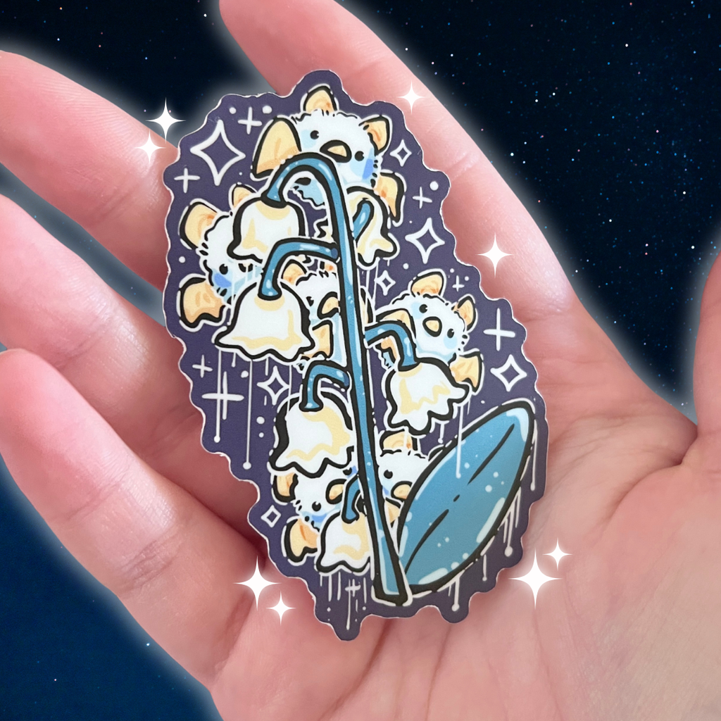 A sticker of a snowdrop flower, with a bunch of Honduran white bats flying around and hiding behind its parts