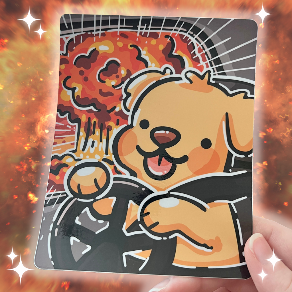 sticker of a golden dog driving happily with an explosion behind him