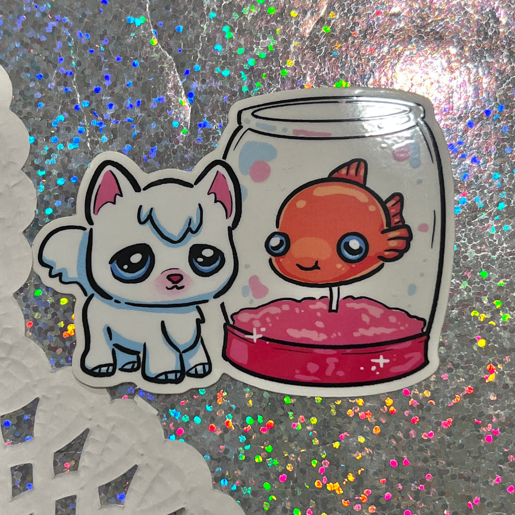 Cat and Fish ~ CLEAR Sticker v.2  Woolblossom   