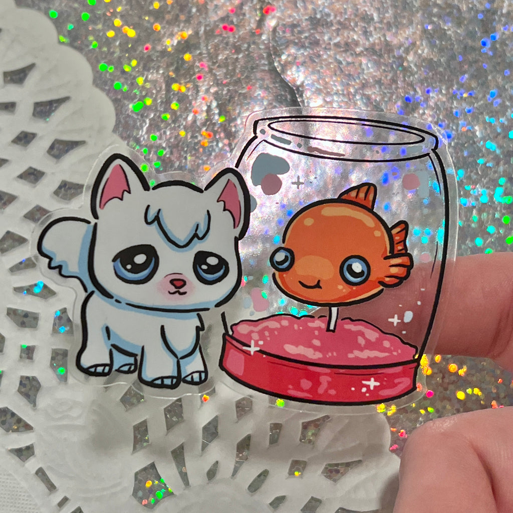 Cat and Fish ~ CLEAR Sticker v.2  Woolblossom   