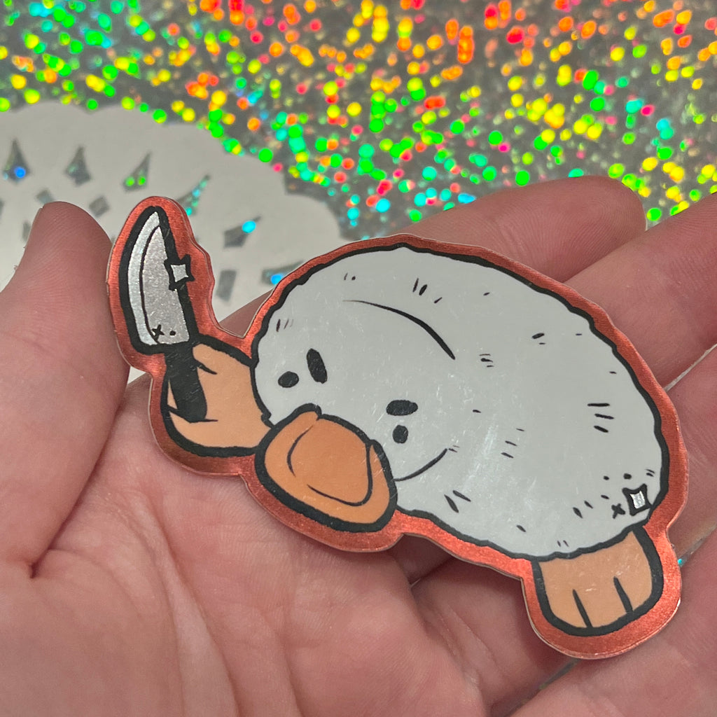 Platypus Duck with a Knife ~ METALLIC Sticker v.3  Woolblossom   