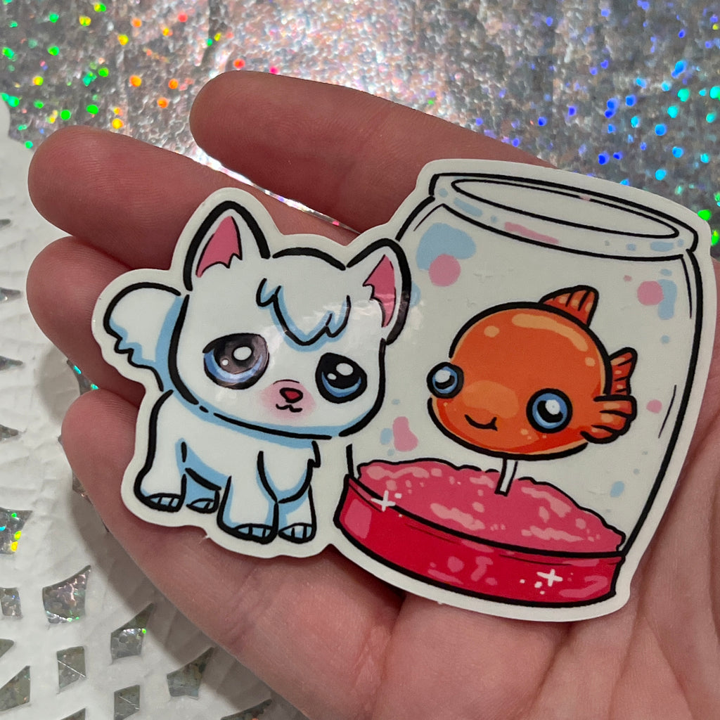 Cat and Fish ~ CLEAR Sticker v.2  Woolblossom   