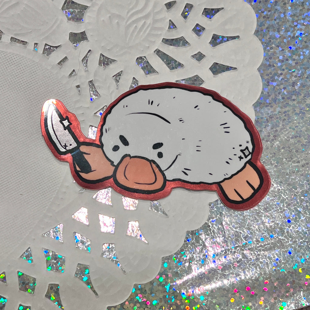 Platypus Duck with a Knife ~ METALLIC Sticker v.3  Woolblossom   