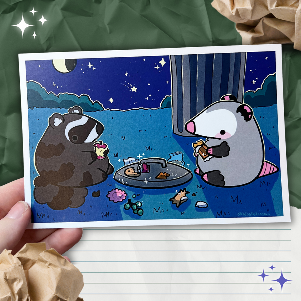 A print of a raccoon and opossum having a date at night with trash as their meal