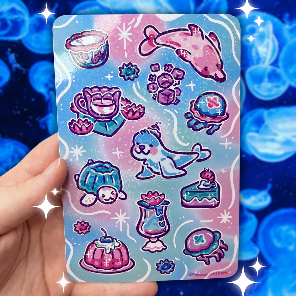 A sticker sheet featuring various jelly themed items and sea creatures