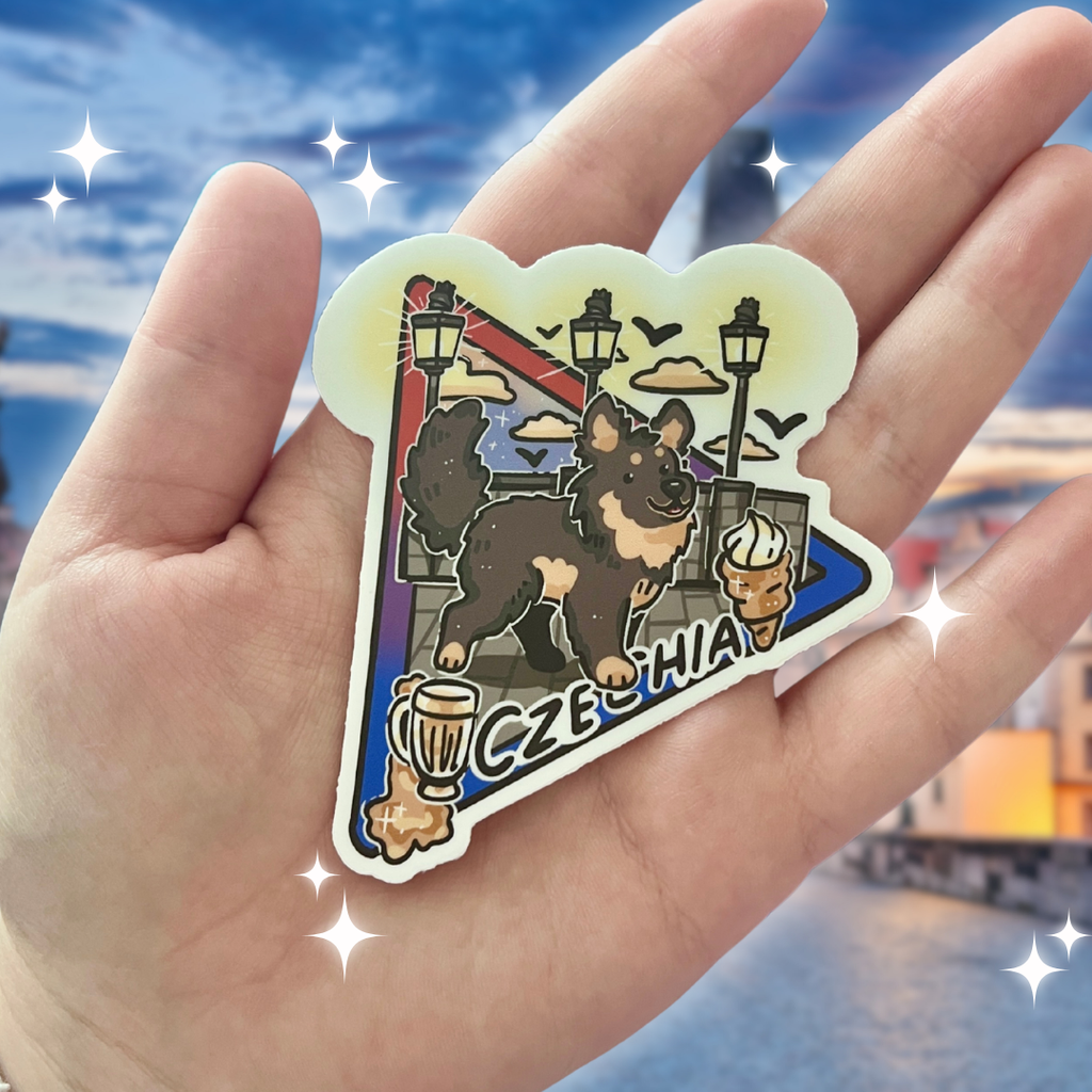 sticker of a bohemian shepherd walking down a Prague bridge